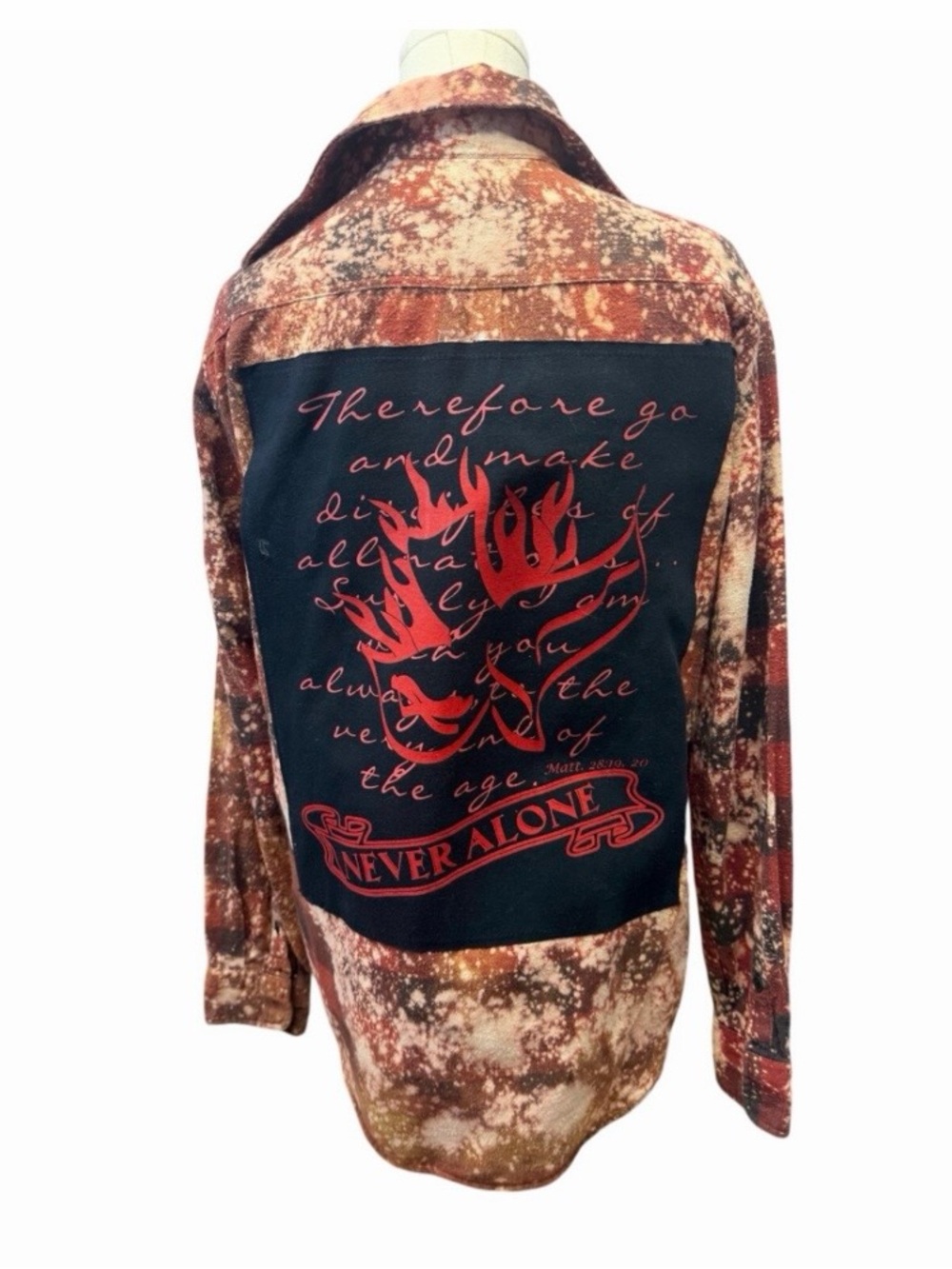 Bible verse upcycled custom flannel shirt black graphic tee on back bespoke